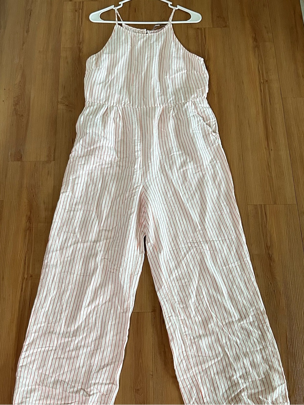 LOFT Reddish Orange Striped Halter Linen Blend Jumpsuit - Picture 3 of 10